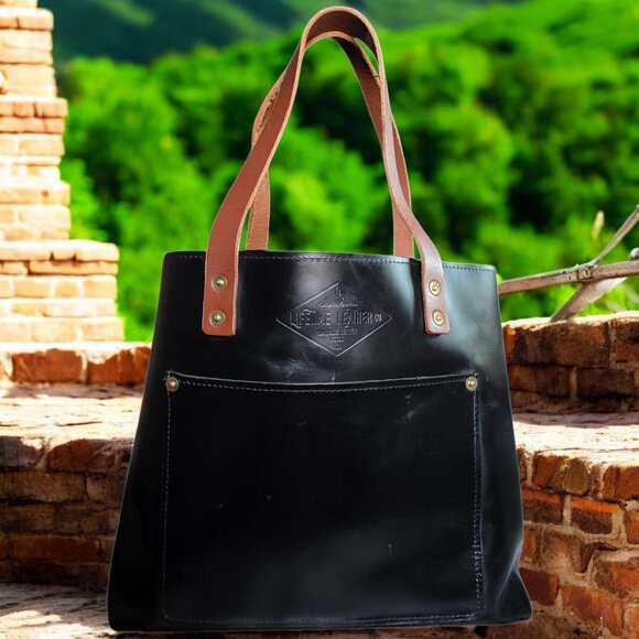 LIFETIME LEATHER Lifetime Tote Black Leather Tan Leather Handles - Picture 1 of 14